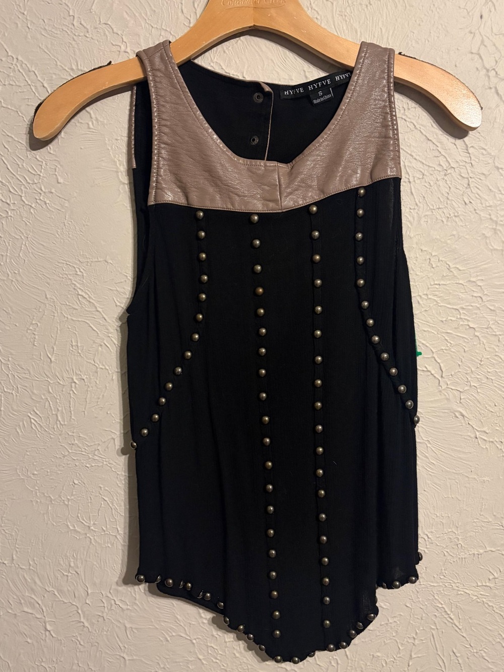 HYFVE Black Tank with Taupe Faux Leather Yoke and Stud Accents, Size Small EUC